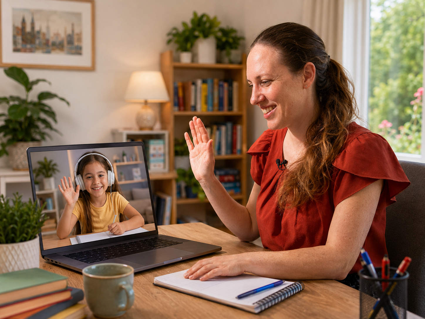Felicia greeting a child during a live one-to-one Zoom lesson