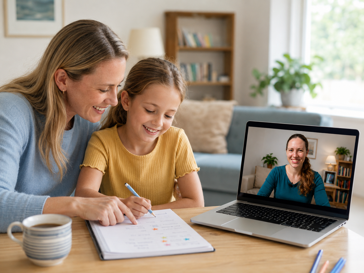A parent supporting their child during an online English lesson