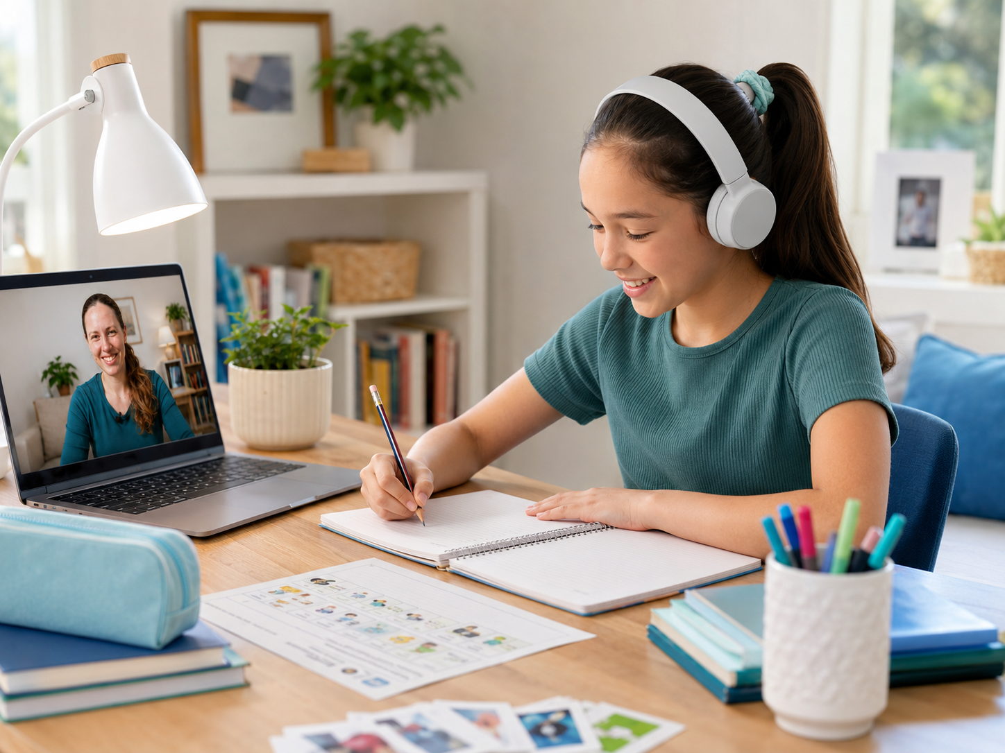 Child learning at the right level, interactive English lesson