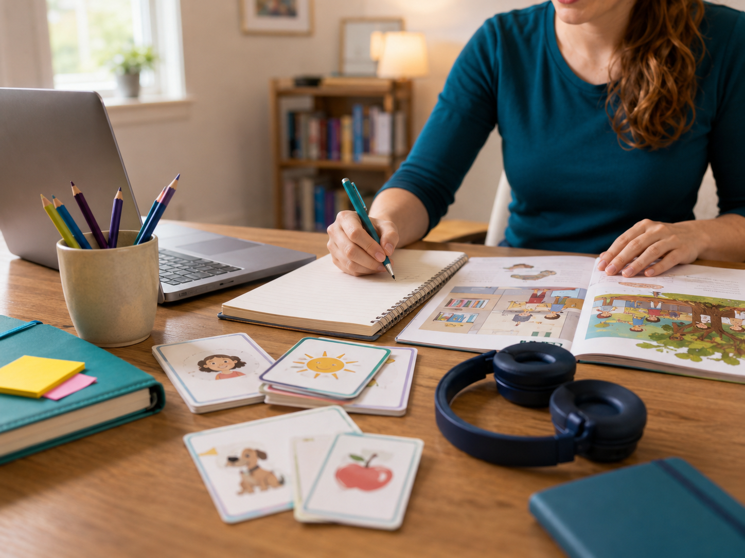 Flatlay of English learning materials