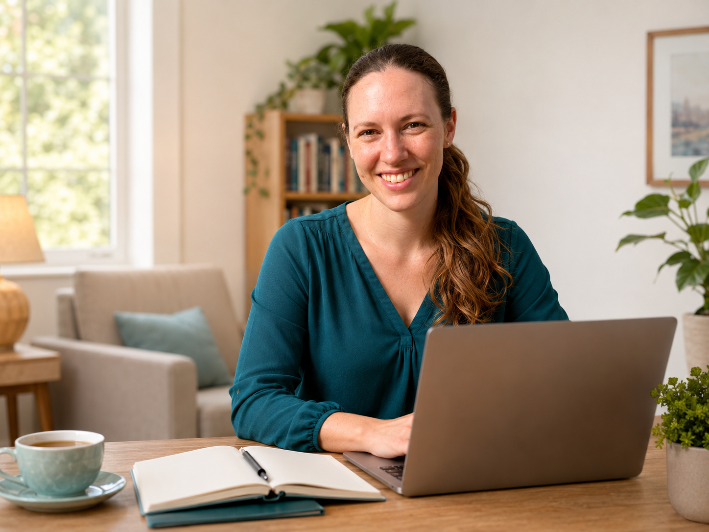 Felicia, seated portrait with laptop, ready for a lesson