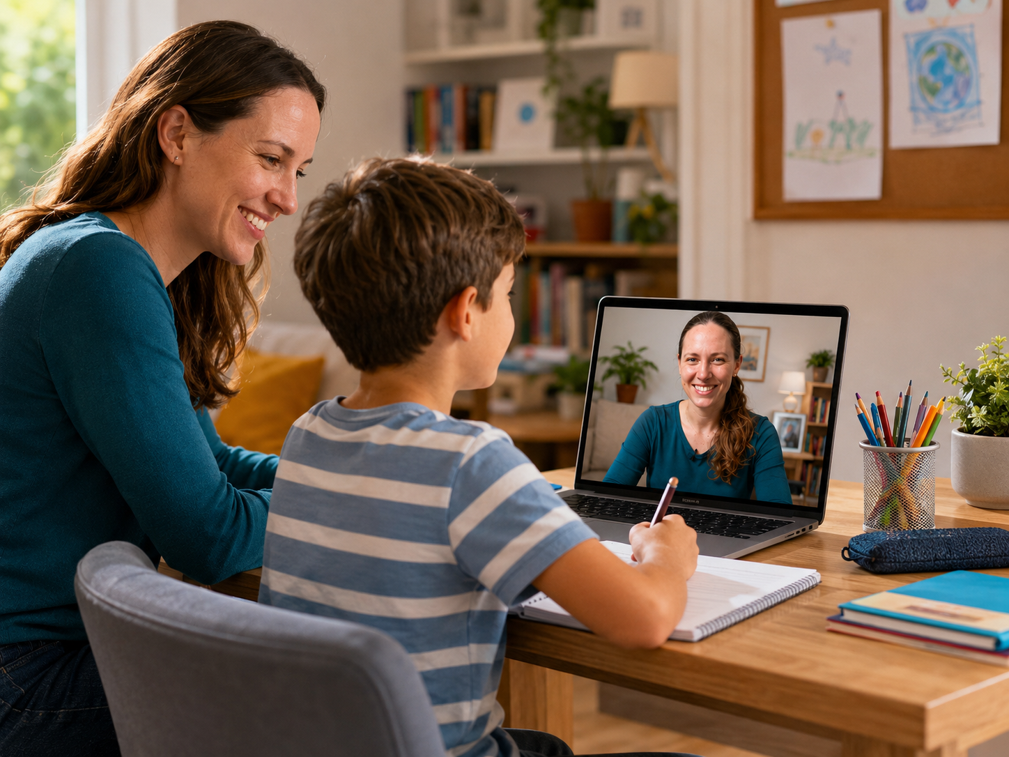 A parent and child together during an online English class